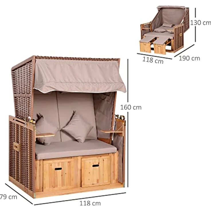 Outsunny Strandkorb Volllieger Gartenliege mit Klapptischen, verstellbarer Rückenlehne und Fußstützen, PE Rattan Beige 118 x 79 x 50 cm – Bild 3