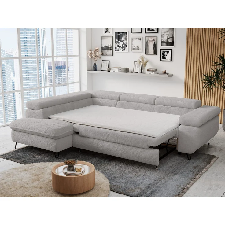 Ecksofa mit Bettfunktion, Modern Sofa, L-form, Einstellbare Kopfstützen, Bettkasten - PETER - Hellgrau Plüsch - Topper T25 - links – Bild 5