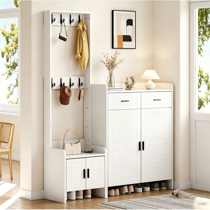 Garderobenschrank, mit 8 Haken, 2 Schubladen & 6 Böden, 125x36x165 cm, Weiß – Bild 7