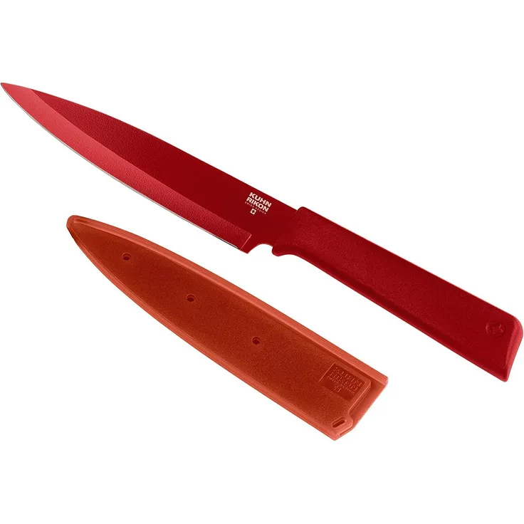 KUHN RIKON COLORI+ Allzweckmesser gerade Klinge mit Klingenschutz, antihaftbeschichtet, Edelstahl, 23 cm, rot