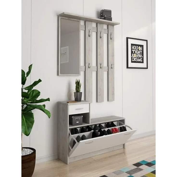 Dmora - Eingangsmöbel Sargassi, Moderner Eingang, Wandgarderobe, Multifunktions-Aufbewahrungskonsole, 100x26h190 cm, Weiß und Zement – Bild 5