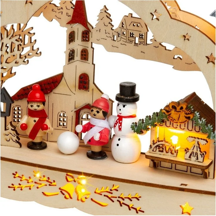 SIKORA Schwibbogen LB70s kleiner LED Holz Lichterbogen Dorfkirche mit Markt B: 27 cm, batteriebetrieben - sanft beleuchtet für sinnliche Weihnachten – Bild 3
