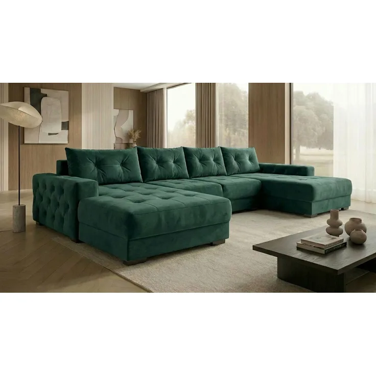 Ecksofa MODENA 320 cm x 185 cm – Stoff: VELUTTO Dunkelgrun 10 Farbe: Grün