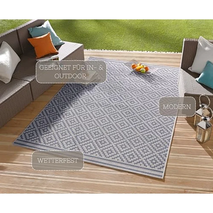 NORTHRUGS In- und Outdoor Teppich Raute 240x340 cm - Wetterfest Modern Geometrisches Raute Muster Design Teppich für Balkon Terrasse Garten Wintergarten Wohnzimmerteppich Wasserfest in Blau Creme – Bild 4