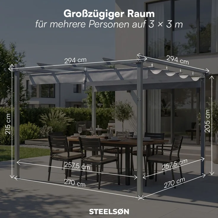 STEELSØN 'Xyriela' Pergola mit Schiebedach, 3x3m, Aluminium, anthrazit/grau, Gartenpavillon, wetterfest, Pavillon mit freistehender Terrassenüberdachung – Bild 9