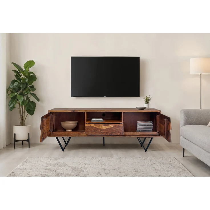 FineBuy TV Lowboard Sheesham Massivholz 160 cm, Fernsehtisch mit Türen, Schublade, offenem Fach & Kabeldurchlass, TV Board mit 3D Fronten & schwarzen Metallfüßen im Industrial Design – Bild 4