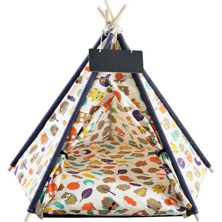 Pettimania Tipi mit Eulenprint für Hunde, Maße: 50 x 50 x 70 cm, naturfarben mit buntem Eulen-Aufdruck
