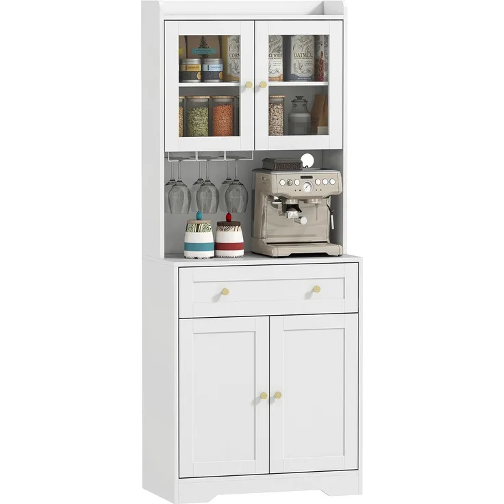 HOMCOM Küchenbuffet mit Arbeitsplatte, verstellbaren Regalen, 4 Türen, Schublade (Buffetschrank, 1-St, Küchenschrank) mit Soft-Close-Funktion, Kabelloch, 68 x 38 x 170 cm, Weiß
