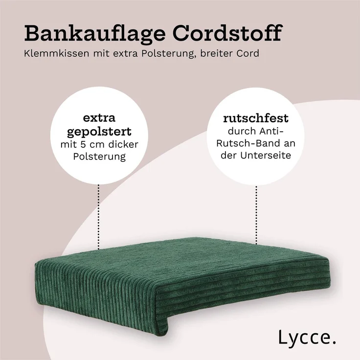 Lycce Bankauflage Klemmkissen mit Leiste - Cord, Polsterung, rutschfest Dunkelgrün 8x40x38cm – Bild 3