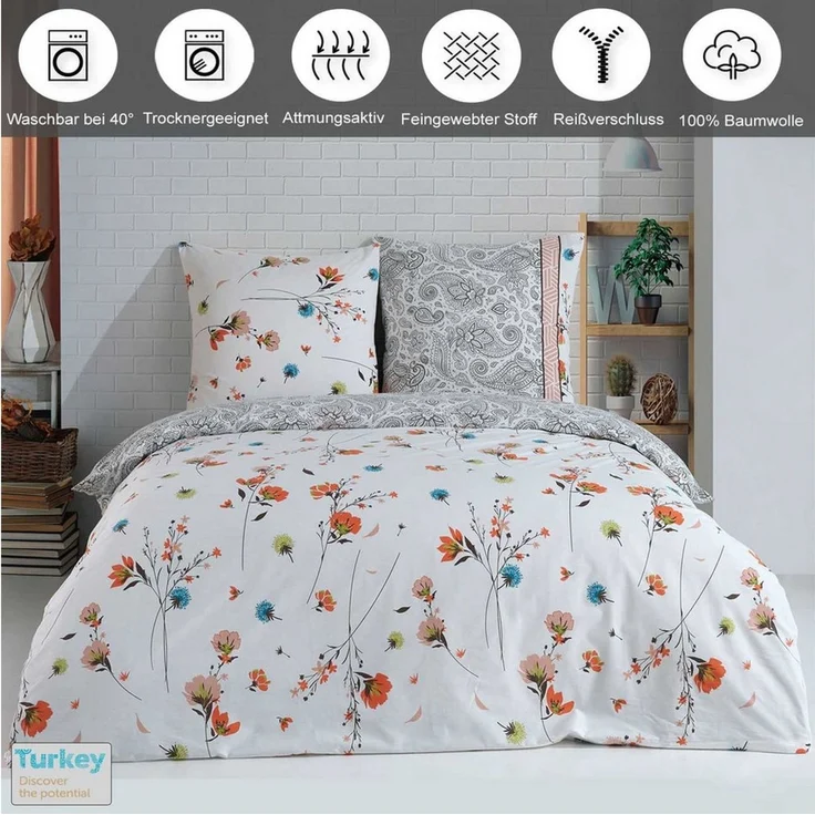 Buymax Bettwäsche Adalia, Aria, Renforcé, 3 teilig, Bettbezug-Set 200x220 cm 100% Baumwolle Reißverschluss Blumen Weiß – Bild 2