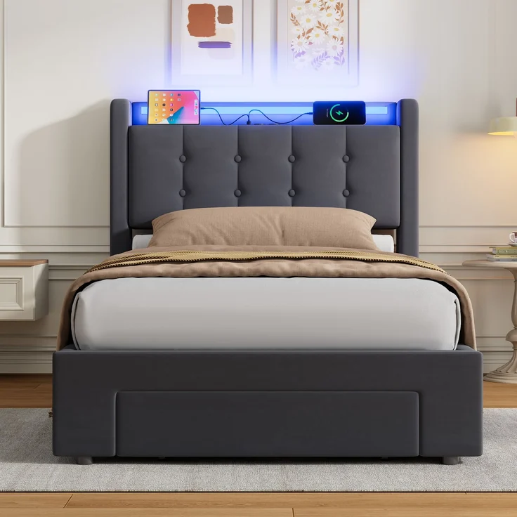 Polster-Jugendbett aus Samt mit LED, USB, hydraulischem Stauraum & Schubladen, ohne Matratze, 90x200 cm, Grau – Bild 9