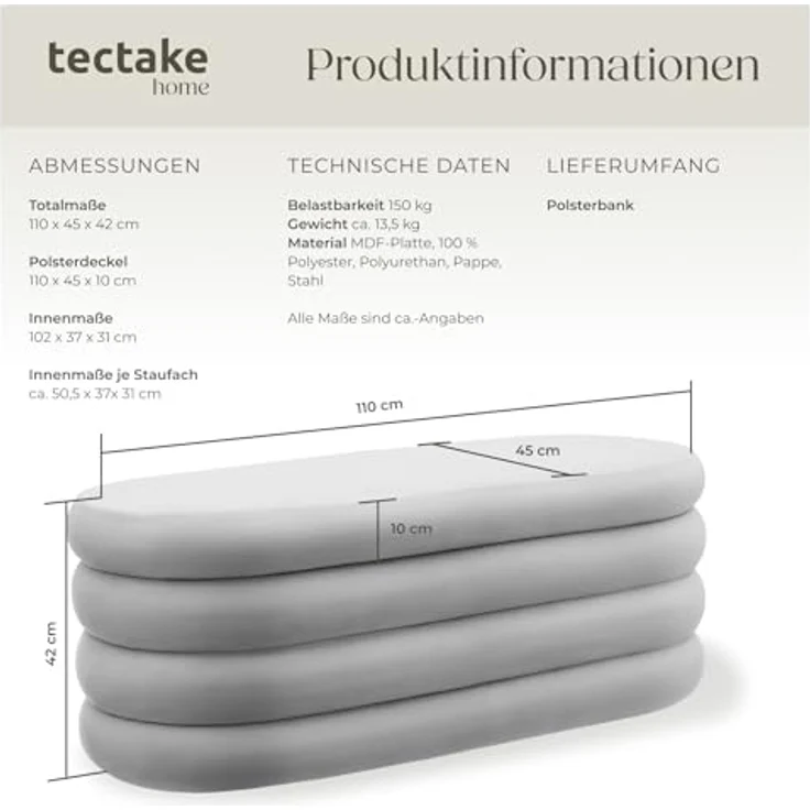 tectake® Sitzbank mit Stauraum, Scandi Samt Sitzhocker, Hocker mit Stauraum, Pouf, Polsterhocker, Sitztruhe, Truhe mit Deckel, Truhenbank mit Stauraum, Möbel Wohnzimmer - Samtoptik grau – Bild 3