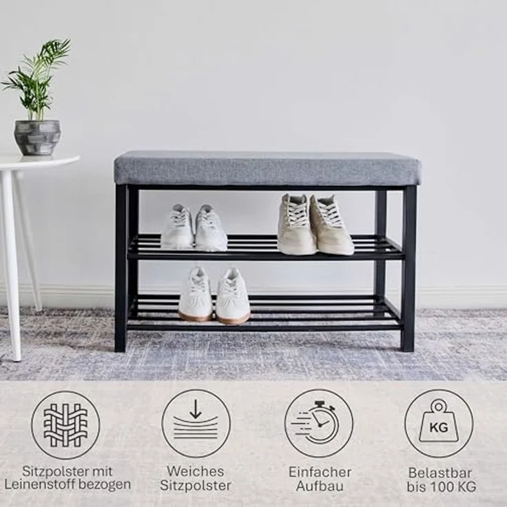 Love IT Store IT Loft Schuhbank mit Sitzfläche - Schmales Schuhregal mit Sitzbank und 2 Ablagen - Einfacher Aufbau - Schwarz/anthrazit - 80 x 31 x 50 cm – Bild 4