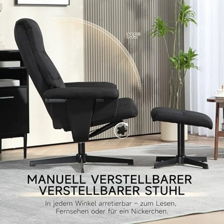 HOMCOM Relaxsessel mit Hocker, Gepolstert Fernsehsessel mit Liegefunktion, Wippfunktion (TV-Sessel, 2-St, Liegesessel), für Wohnzimmer, Schlafzimmer, Schwarz – Bild 4
