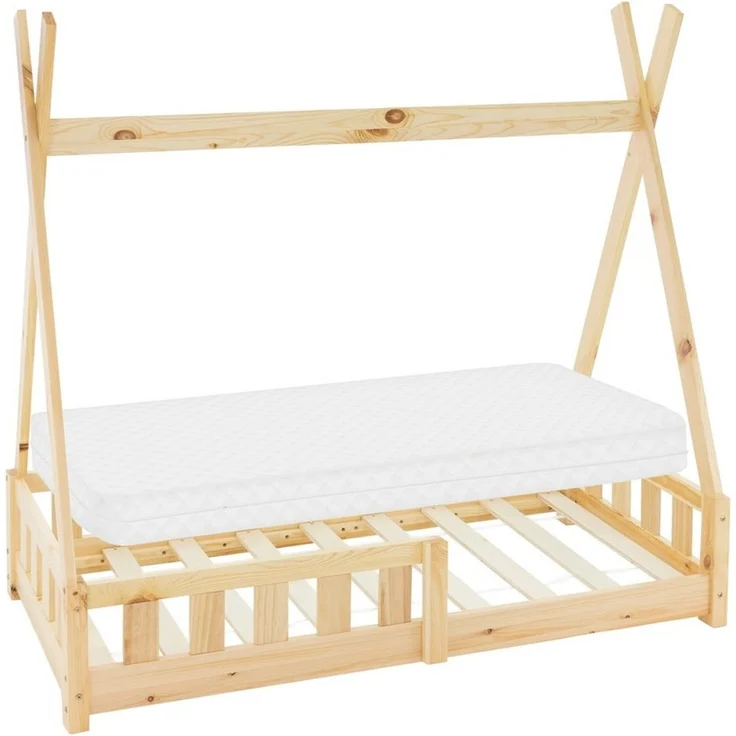 ML-DESIGN Spielbett Hausbett Tipi Zeltbett inkl. Lattenrost Bodenbett Kinder Himmelbett, Abenteuerbett mit Rausfallschutz Zelt Bett Kiefer Kinderhaus Natur – Bild 2
