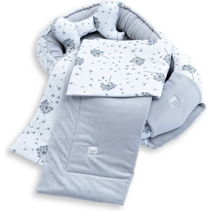 Loolay Kuschelnest BABYNEST + DECKE + Kissen Babyausstattung Baumwolle & Samt Velours, (MUSTER: GRAU Samt Velour/ Pustelblume Weiß, 3-tlg, Liebevoll handgefertigt Nestchen! Geborgenheit Komfort für Neugeborene), Premium Ausstattung - 100% Europäische S... – Bild 2