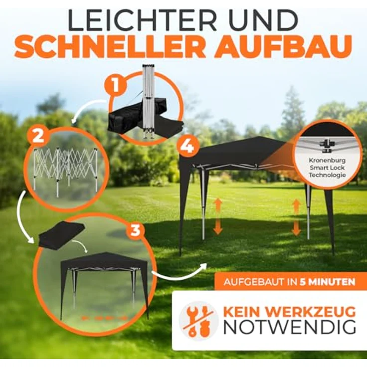 Kronenburg Faltpavillon wasserdicht Dachmaß 2x2 m UV Schutz 50+ Pavillon in Schwarz – Bild 5