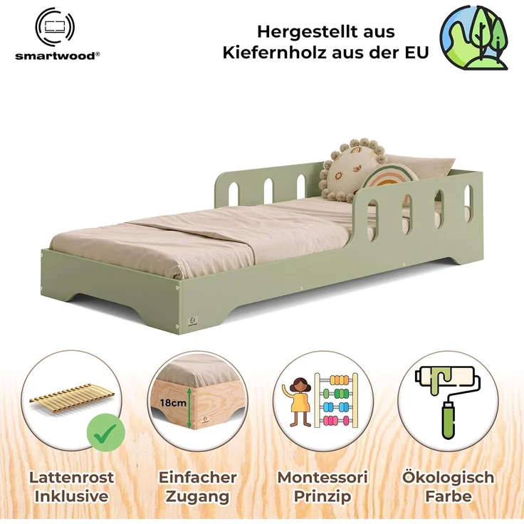 smartwood Kinderbett 120x200 cm in Grün - Montessori Bodenbett mit Rausfallschutz & Lattenrost - Aus handbemaltem Sperrholz - Sicher für Jungen und Mädchen - Einfache Montage - TILA 6 – Bild 3