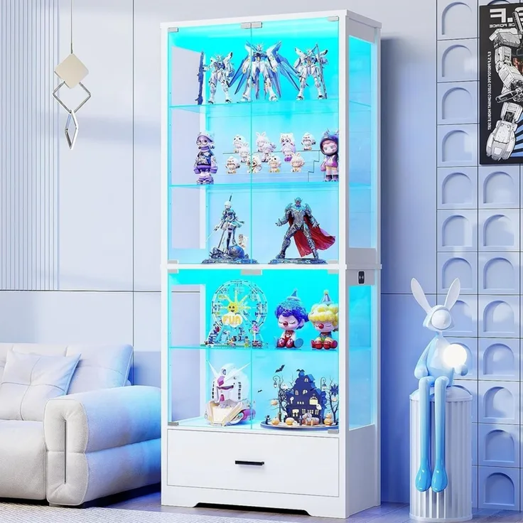 Glasvitrine 75x35x179.5 cm, 5-stöckige Vitrine mit Schublade, LED-Beleuchtung und Sensor, Weiß