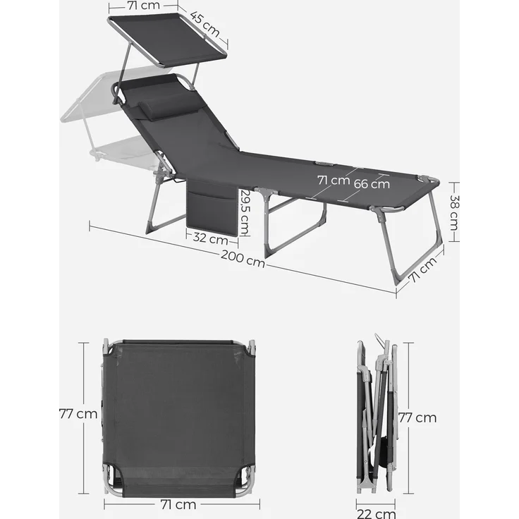 Songmics Gartenliege klappbar, mit Kopfstütze und verstellbarer Rückenlehne, 1x Sonnenliege, ohne Seitentasche, Dunkelgrau, 71 x 200 x 38 cm – Bild 5