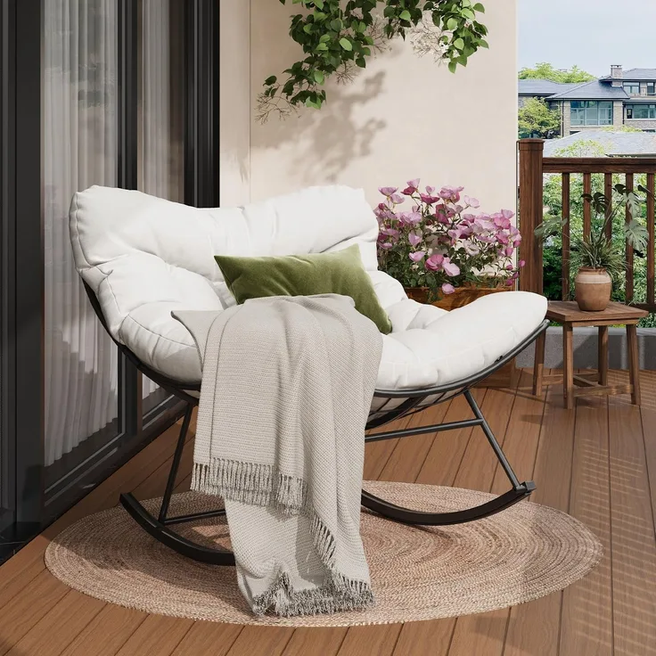 GarveeHome Schaukelstuhl Oversized, Schaukelsessel mit dickem Kissen & Metallrahmen, Relaxsessel für Poolside, Garten und Hinterhof, Tragfähigkeit
