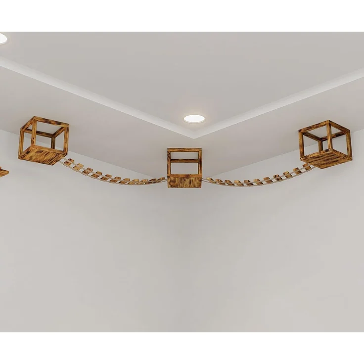QLS Katzen-Kletterwand Deckenmontage Geflammt mit 2 Brücken und 3 Liegen, aus Kiefernholz für Spaß und Entspannung 5-tlg. – Bild 4