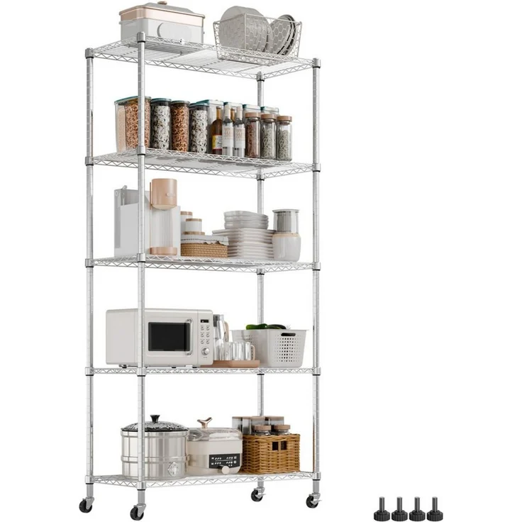 Mondeer Regal Aufbewahrungsregal, 5-Stufiges Küchenregal, mit 4-Rädern, PP-Trennwand – Bild 3