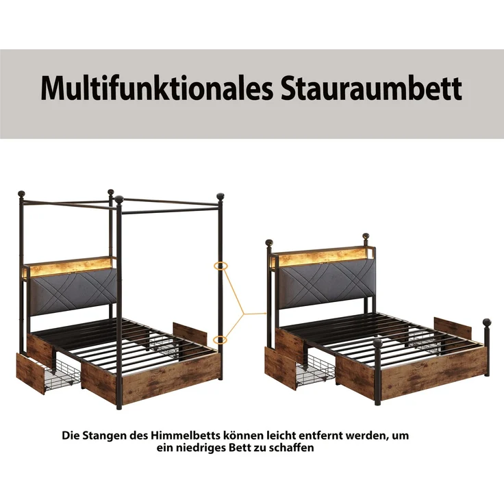 Himmelbett mit LED, USB-Anschluss & gepolstertem Kopfteil, 90x190 cm, Schwarz, ohne Matratze – Bild 7