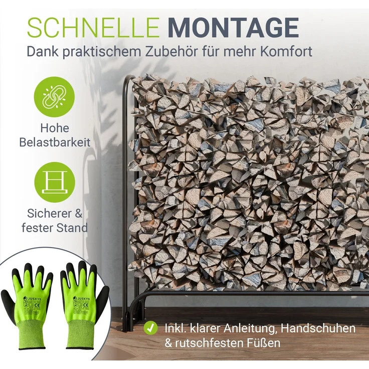 Juskys Kaminholzregal L 260x117x36 cm – Schwarz, Brennholzregal aus Stahl mit Abdeckung, Holzunterstand für Garten & Terrasse, 300 kg belastbar – Bild 6