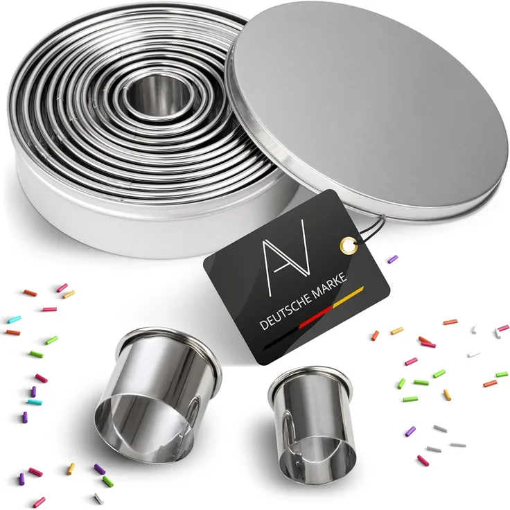 AVANA Ausstechform Ausstecher Ringe Keksformen Plätzchen Speiseringe Cookie Cutter Rund, Edelstahl, (12 Stück), Set Ausstechformen mit Aufbewahrungsbox