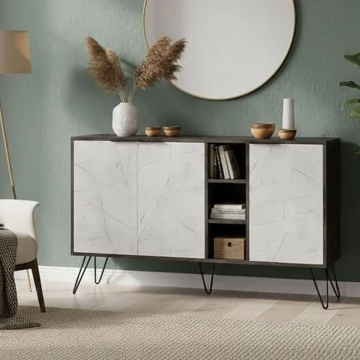 Dmora Sideboard Ashlesha 142x35,6x83h cm Beige, 4 Regale, 3 Türen – Bild 1