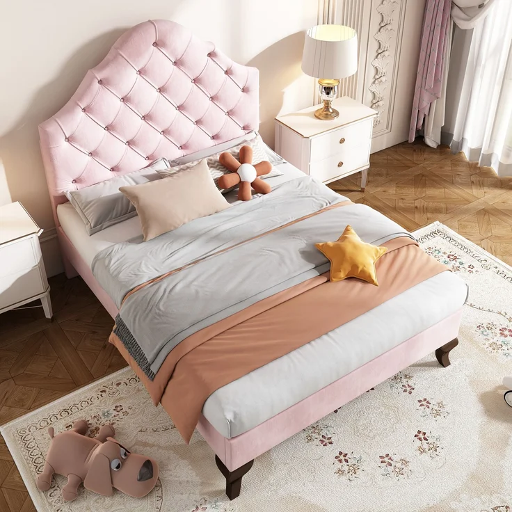 Polsterbett 203*90*118-124cm mit höhenverstellbarem Kopfteil, attenrost und Samtbezug,Rosa,inklusive Taschenfederkern – Bild 1