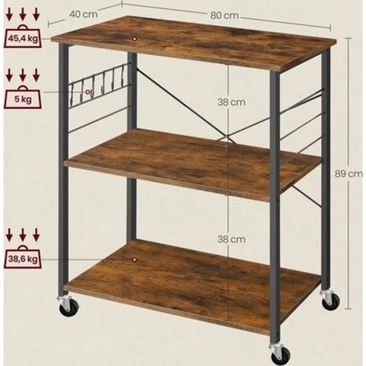 Vasagle Küchenregal auf Rollen, Servierwagen mit 3 Regalböden, Mikrowellenregal, für Minibackofen, Toaster, Wasserkocher, Metall, mit 6 Haken, Industrie-Design,40 x 80 x 82,5 cm (T x B x H), Vintagebraun-Schwarz von Songmics – Bild 3