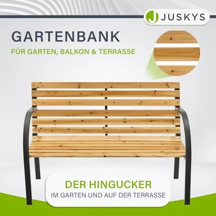 Juskys Gartenbank Modena – 2-Sitzer Holzbank mit Armlehnen & Rückenlehne – wetterfeste Sitzbank 120x62x82 cm - Bank mit Seitenelementen aus Stahl – Bild 6