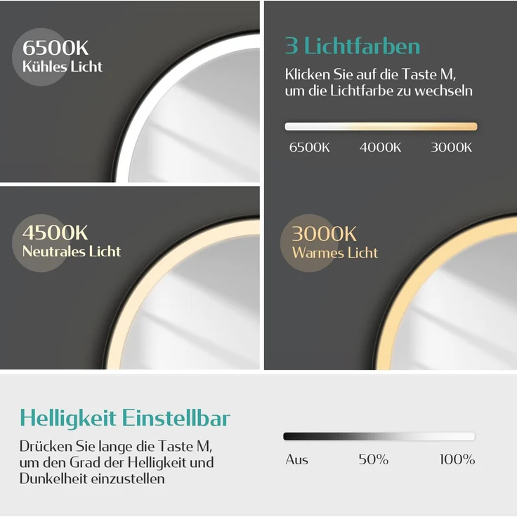 EMKE Badspiegel mit Beleuchtung ф60cm Touch 3 Lichtfarben Dimmbar Abnehmbarer Gürtel Schwarz Rahmen Wandspiegel – Bild 3