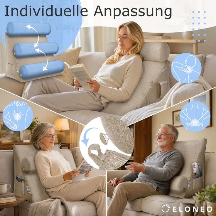 aktivshop Rückenkissen mit Nackenrolle für Bett & Sofa, 55x50x30cm, waschbarer Bezug – Bild 4