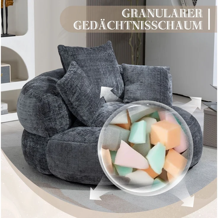 Lazy Sofa Lounger mit 3 Kissen, 108x108x52 cm, Grau Chenille, hohe Rückenlehne, Indoor/Outdoor – Bild 6