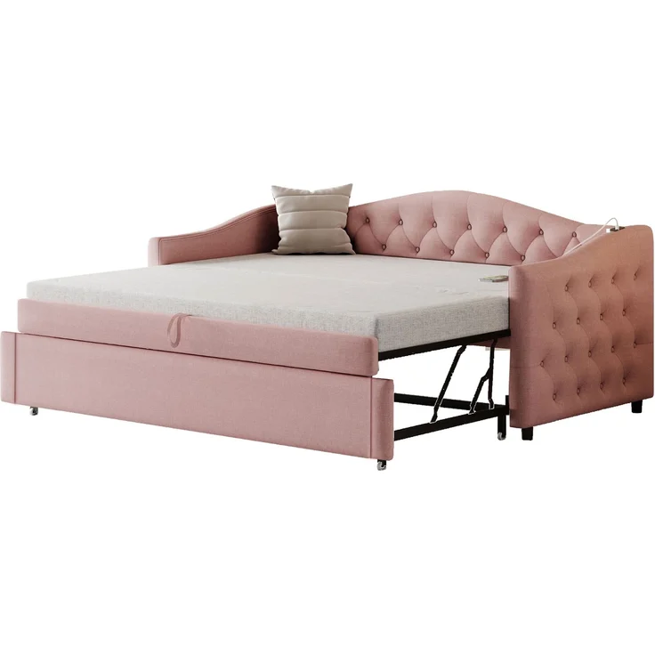 Polsterbett Ausziehbares Schlafsofa, 90*200 cm, Mit USB-Anschluss, Klassische Form mit Knöpfen mit Lattenrost, Multifunktionsbett - Gästebett, Leinenstoff, Grau (Matratze nicht enthalten) – Bild 8