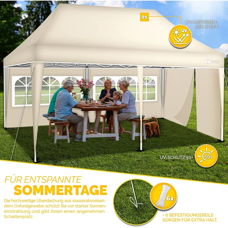tillvex Pavillon 3x6m - mit 3 Seitenwänden Beige wasserdicht | Pop-Up Faltpavillon höhenverstellbar | Gartenzelt UV Schutz 50+ | Partyzelt mit Tasche für Garten – Bild 7