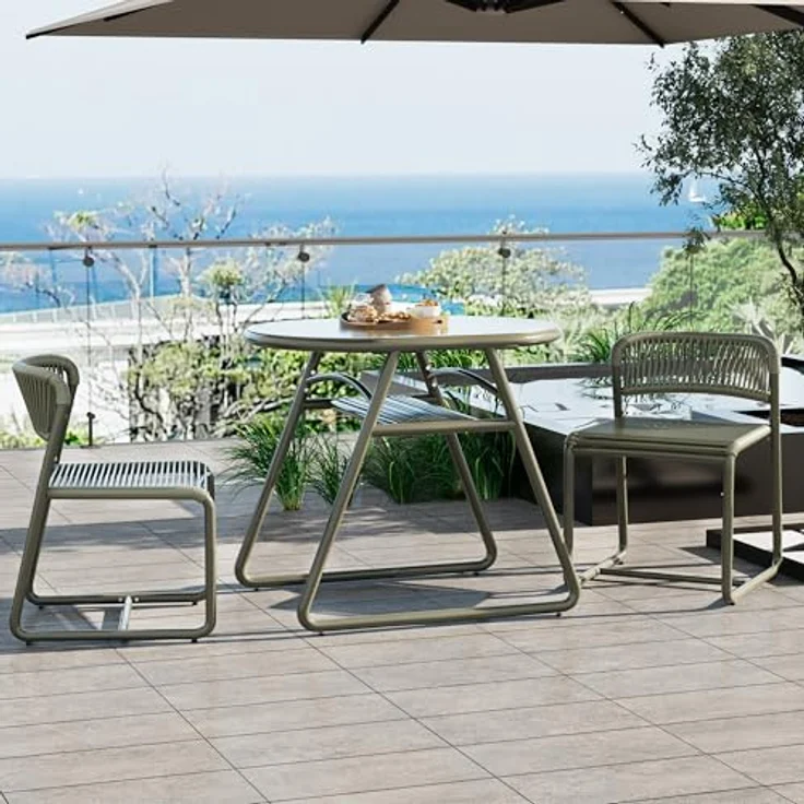 GarveeHome Bistrotisch mit 2 Stühlen, Modernes 3-teiliges Bistro-Set für Garten, Balkonmöbel Set mit 80cm Tisch&2 Stühle aus wetterfestem, Terrassenmöbel Möbel Set für Kleinen Balkon（Graugrün） – Bild 8