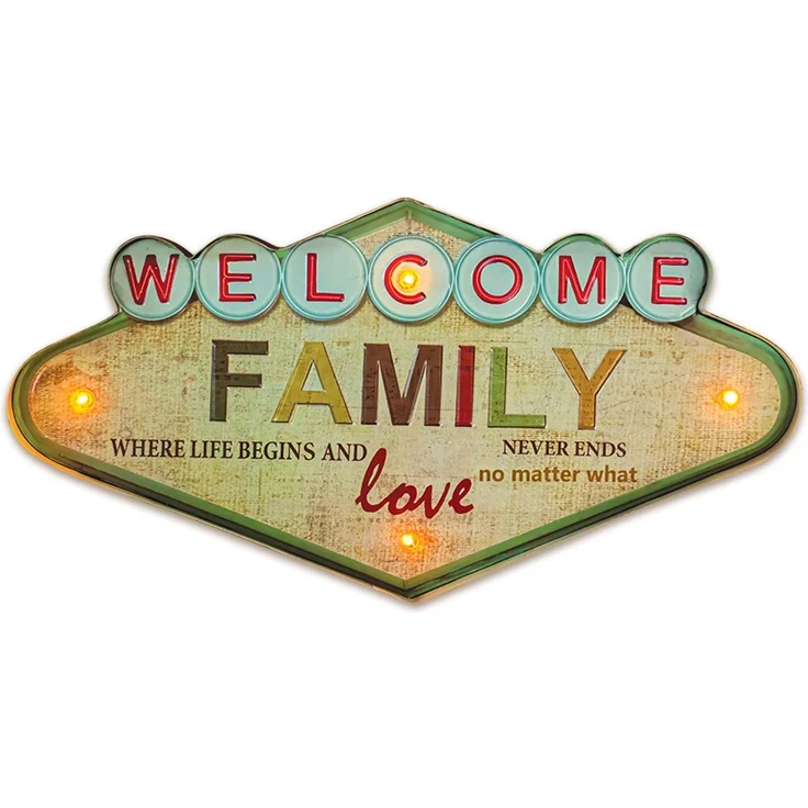 Forever Light Retro Metallschild LED „Welcome Family“ USB Wanddeko – Bild 1