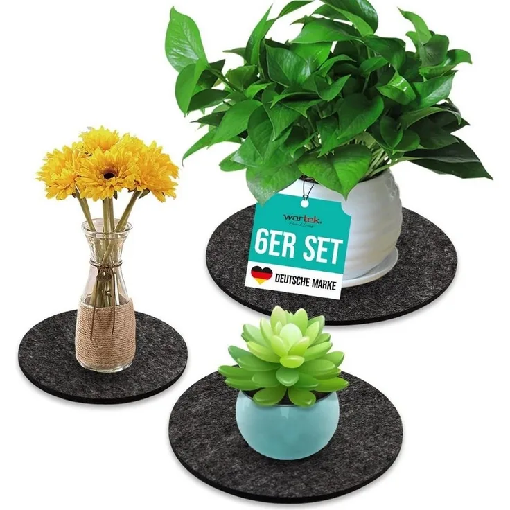 wortek Blumentopfuntersetzer Blumenuntersetzer Untersetzer rund für Vasen, Zubehör für Blumen oder Blumentöpfe & Co, Set, 6-tlg, Filz Unterlage Gläser Teller Blumentöpfe – waschbare Untersetzer