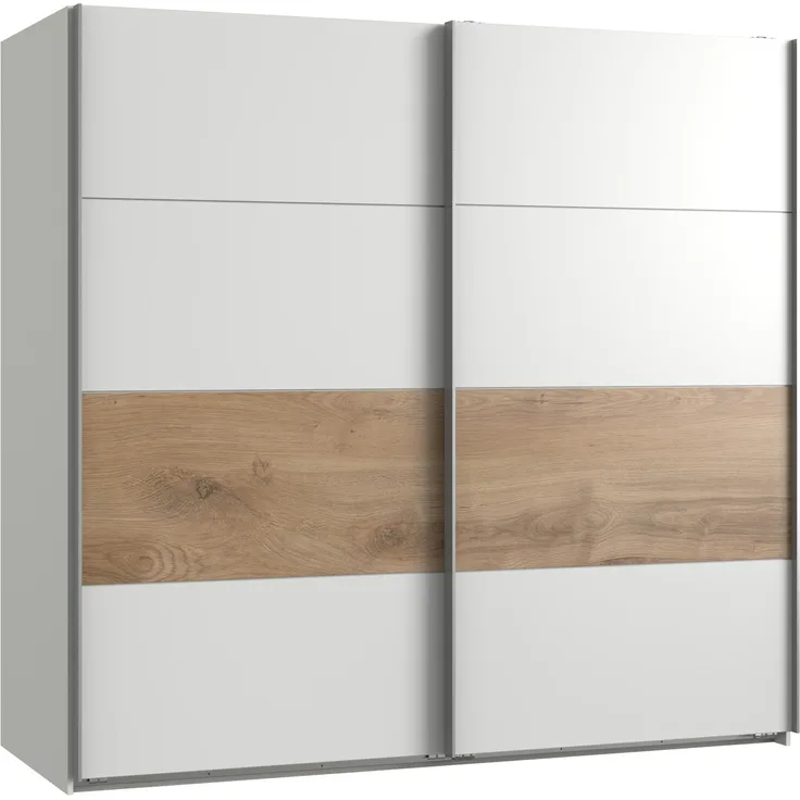 Schwebetürenschrank >Bert< 3 Stangen, 3 Böden, Weiß / Plankeneiche Dekor - 270x208x65cm (BxHxT)