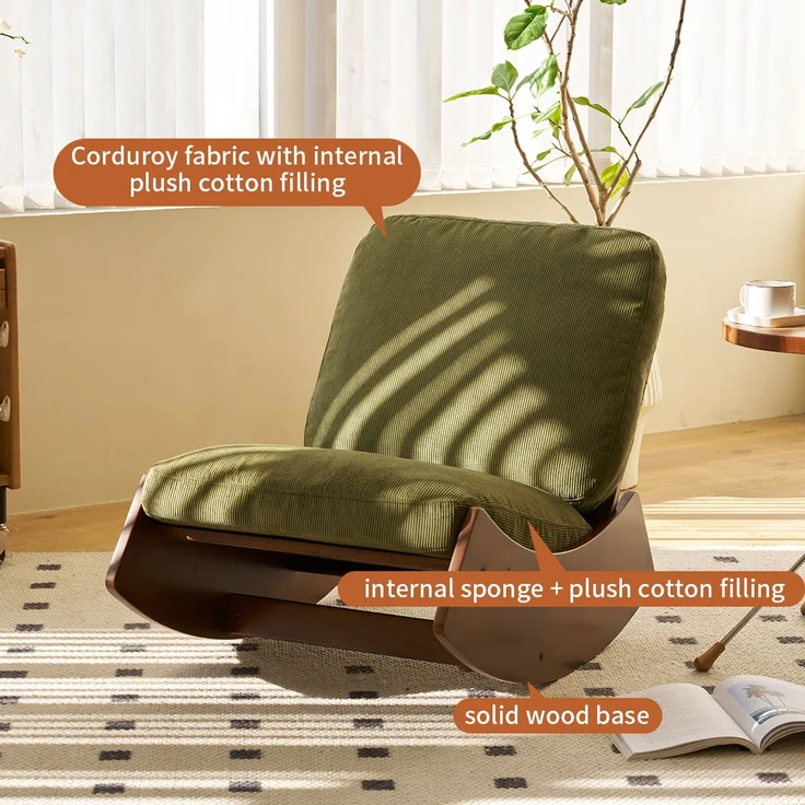 LVHOM Schaukelstuhl mit Massivholz-Gestell, ergonomischer Relaxsessel für Wohnzimmer, Schlafzimmer & Arbeitszimmer, Skandinavisches Design, Cord, Grün – Bild 3