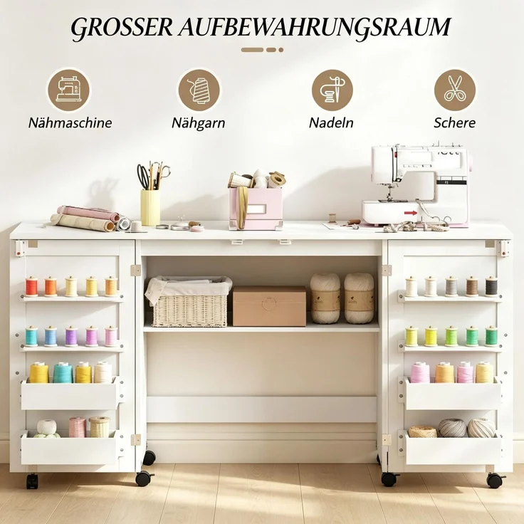 Klappnahttisch Möbelnäht mit Rollen, 2 Magnettüren, 4 Behälter & 20 Häkeln, Multifunktionaler Aufbewahrungstisch(nur mit 1pcs Aufbewahrungstisch)--Weiß--160x40x81.5cm--YOUDENOVA – Bild 8