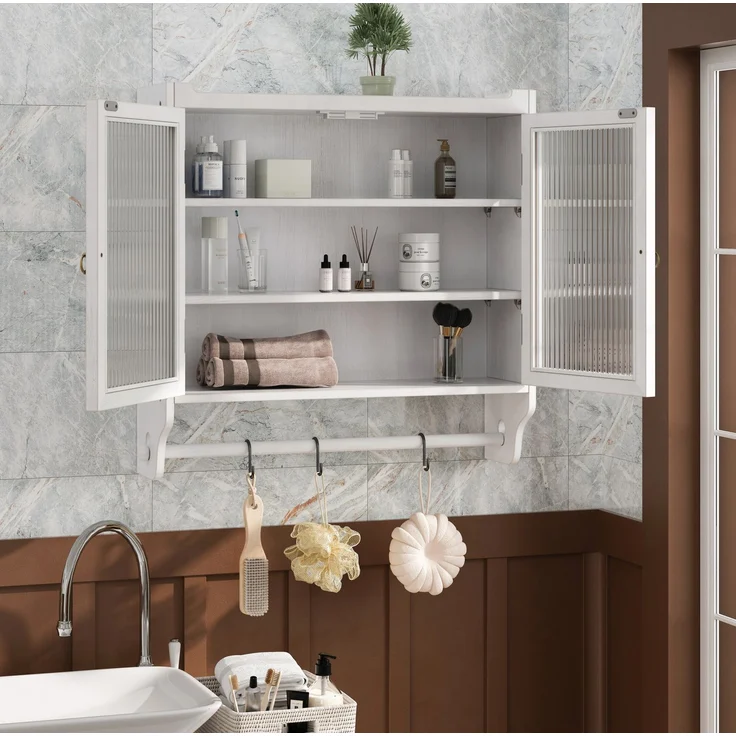DESVIAE Regal als Wandschrank mit Glastüren und 3 Stauebenen, 63x60x18 cm, Massivholz, MDF und Glas, Weiß – Bild 4