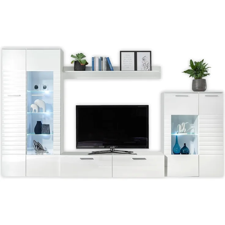 Wohnwand NEW LONG weiß Hochglanz Glasböden mit LED