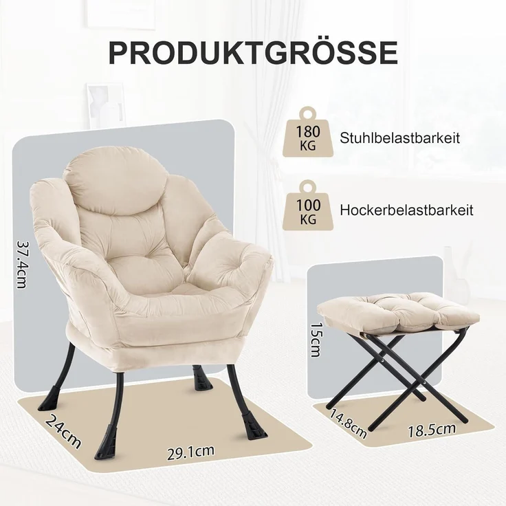 Sessel Ottomane Ohrensessel Lesesessel Fußhocker Beige – Bild 2