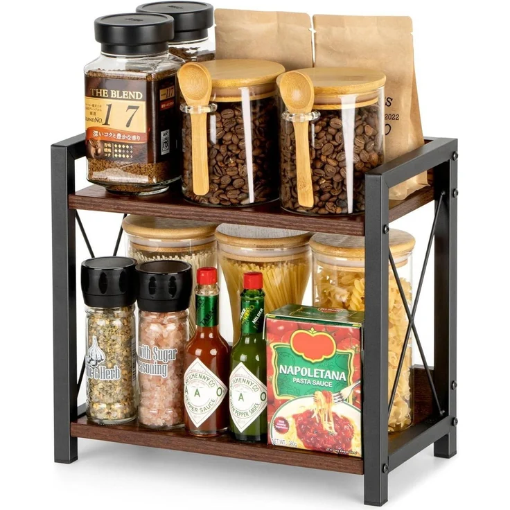 ANBOXIT Holz Gewürzregal 2 Tier Organizer Küchenregal Arbeitsplatte Braun – Bild 1