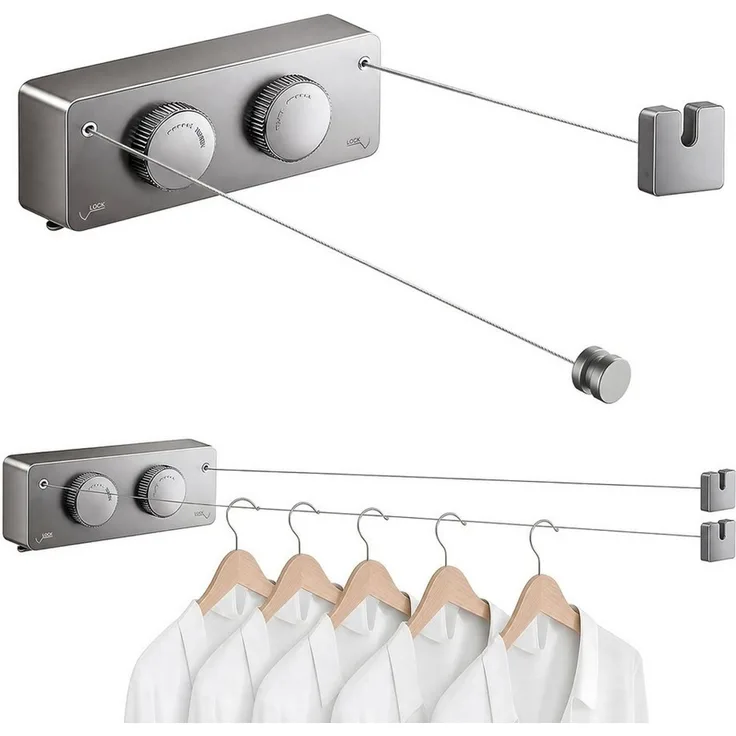 AIMAX Wand-Wäscheleine Wäscheleine Ausziehbar ohne Bohren Wandmontage Balkon 4.2m Edelstahl, Durchhängfrei Wäscheleine Einziehbare für Badezimmer, Waschküche Hotel